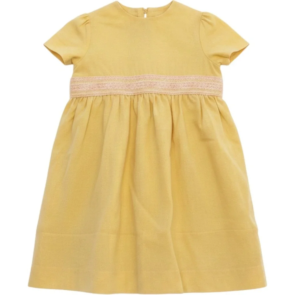 Vintage Girls Yellow Smocked Waist Dress Short Sleeve Special Occasion handmade